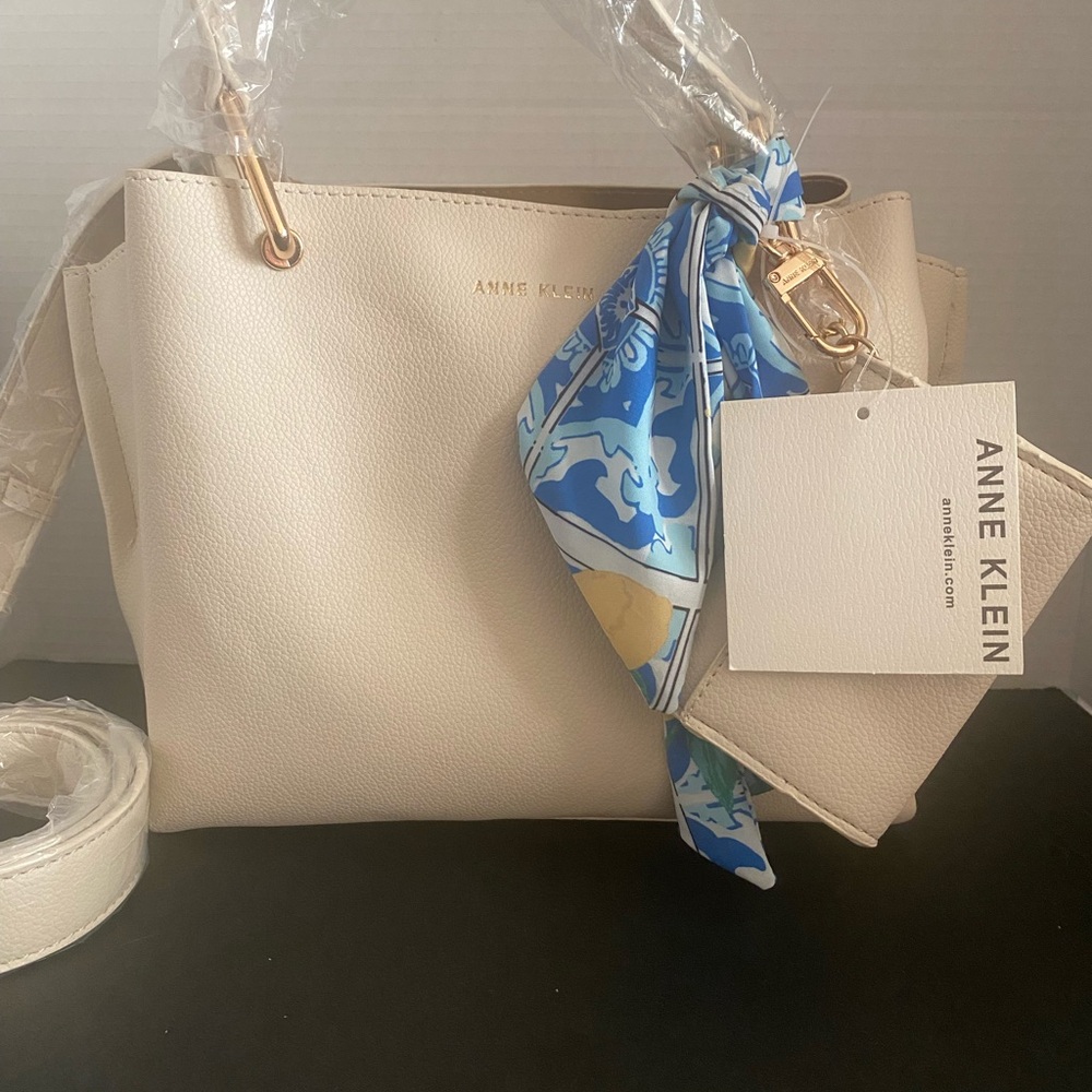 Anne Klein Cream Shoulder Bag with Blue Scarf